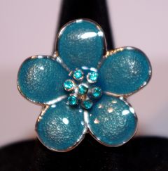 Bague réglable métal argenté et émaillé fleur Bleu